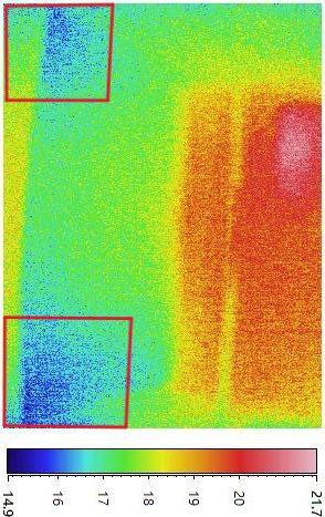 B. 紅外線探測圖像有兩處藍色低溫部位