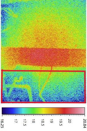 B. 紅外線探測圖像出現大範圍藍色低溫部位